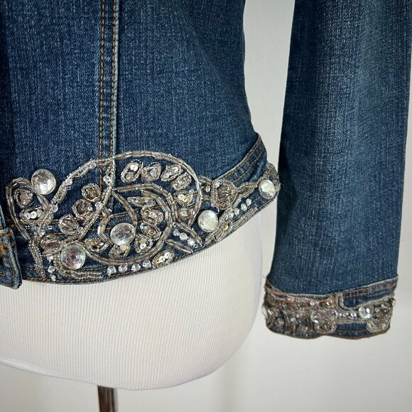Vintage Cache Denim Jean Jacket Rhinestones Sequin Jouer Aux Echecs collab - Picture 2 of 15